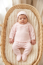 Load image into Gallery viewer, Newborn in powder pink knitted set, closer overhead portrait