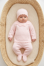 Load image into Gallery viewer, Newborn in powder pink knitted set, overhead view
