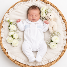 Load image into Gallery viewer, Newborn in white/blue velour smocked romper - variation 2