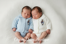 Load image into Gallery viewer, Newborn Twin Babies in Blue and White Peter Rabbit Cardigans - Full Detail