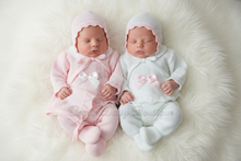 Load image into Gallery viewer, Newborn Twin Babies in Pink and White Knitted Sets with Bonnets