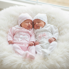 Load image into Gallery viewer, Newborn Twin Baby Girls in Pink and White Knitted Sets with Hats