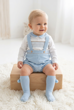 Load image into Gallery viewer, Pale blue outfit with matching knee-high pom-pom socks