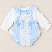 Load image into Gallery viewer, Paler blue outfit on ivory linen