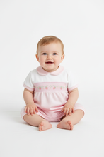Load image into Gallery viewer, Pink and white romper on baby girl model - variation 1