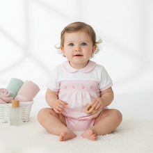 Load image into Gallery viewer, Pink and white romper on baby girl model - variation 2