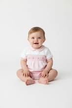 Load image into Gallery viewer, Pink and white romper on baby girl model - variation 3