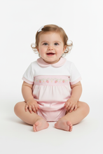 Load image into Gallery viewer, Pink and white romper on baby girl model - variation 8