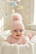 Load image into Gallery viewer, Pink Pom Pom Hat on Baby Model