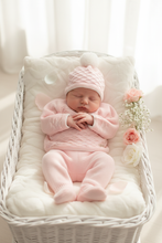 Load image into Gallery viewer, Pink set in white wicker crib with florals