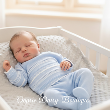 Load image into Gallery viewer, Real baby model wearing light blue outfit in cot