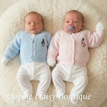 Load image into Gallery viewer, Real Baby Twin Models in Blue and Pink Character Cardigans - Cream Fluffy Background