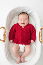 Load image into Gallery viewer, Red cardigan newborn Moses basket