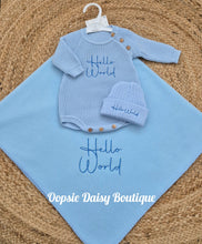 Load image into Gallery viewer, Hello World Knitted Romper/Hat &amp; Luxury Fleece Blanket Set