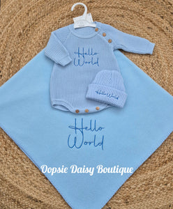 Hello World Knitted Romper/Hat & Luxury Fleece Blanket Set