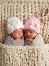 Load image into Gallery viewer, Baby Knitted Beanie Hat with Ribbon &amp; Diamante Size Newborn