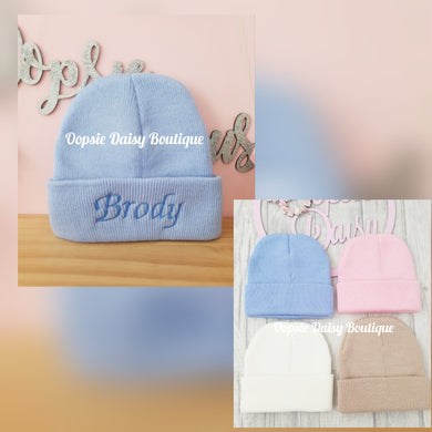 Personalised Knitted Beanie Hat Size 0-12mth Boys Girls