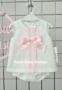 Girls Pretty Ivory Pink Ribbon Dress Set SMALL FITTING SIZE UP