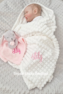 Personalised Baby Bundle, Blanket,Bunny Comforter & Booties set - Blue & Pink