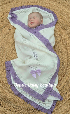 Lilac Spanish Knitted Ribbon Blanket Shawl Lace Edged