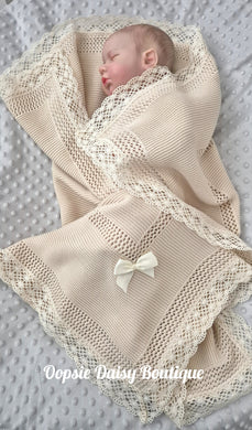 Beige Spanish Knitted Ribbon Blanket Lace Edged