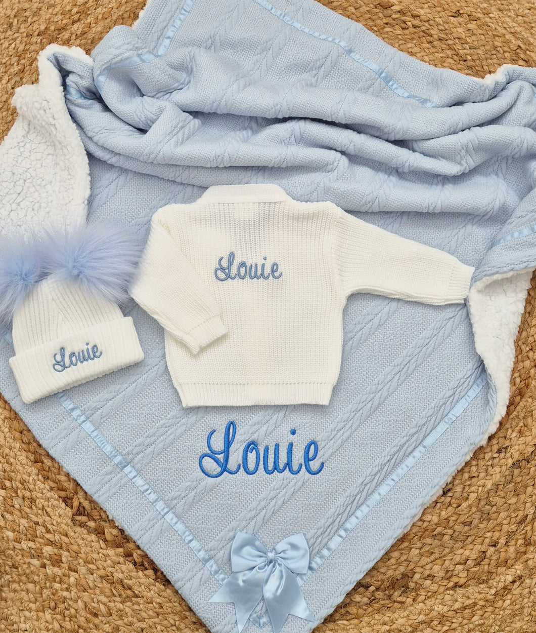 Personalised Blanket,Cardigan,Hat Set, Blue & Pink
