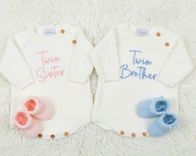 Load image into Gallery viewer, Twin Brother &amp; Sister Personalised Knitted Romper Set with Matching Booties Boy Girl Twins Baby Gift