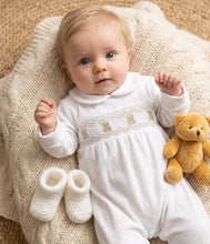 Load image into Gallery viewer, Baby White Teddy Bear Sleepsuit with Smocking
