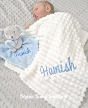 Load image into Gallery viewer, Personalised Baby Bundle, Blanket,Bunny Comforter &amp; Booties set - Blue &amp; Pink