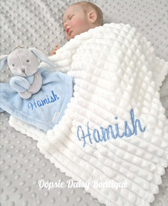 Personalised Baby Bundle, Blanket,Bunny Comforter & Booties set - Blue & Pink