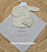 Load image into Gallery viewer, Hello World Knitted Romper/Hat &amp; Luxury Fleece Blanket Set