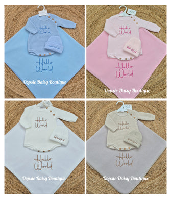 Hello World Knitted Romper/Hat & Luxury Fleece Blanket Set