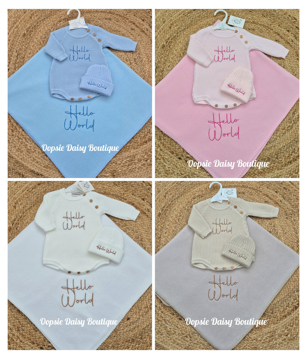 Hello World Knitted Romper/Hat & Luxury Fleece Blanket Set