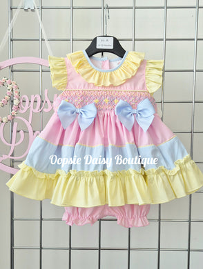 Girls Rainbow Smocked Frilly Dress Set