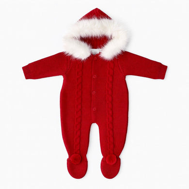 Red Knitted Pram Suit Fur Trim Hood