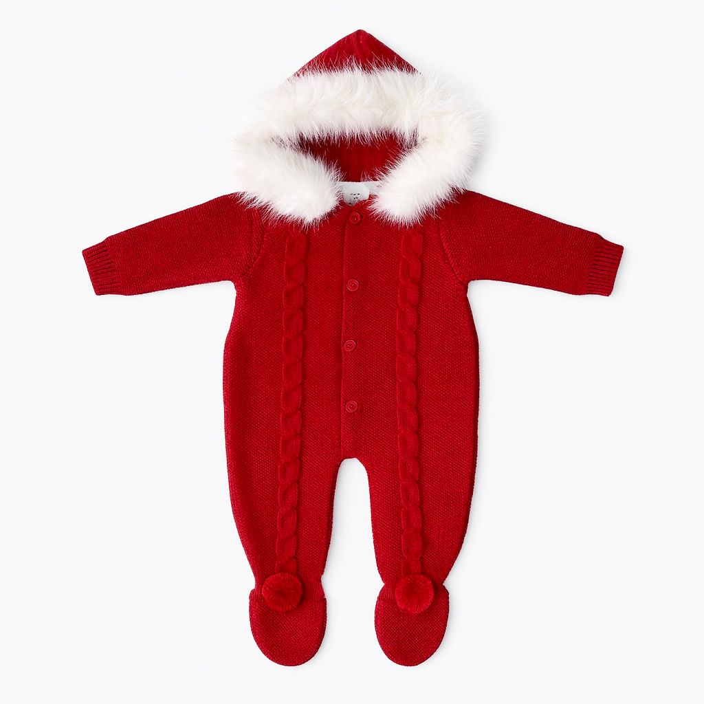 Red Knitted Pram Suit Fur Trim Hood