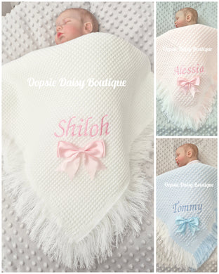 Personalised Baby Shawl Blanket with Ribbon Christening Shawl