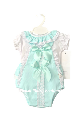 Girls Mint Green Ribbon Romper & Blouse Set
