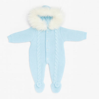 Blue Knitted Pram Suit Fur Trim Hood