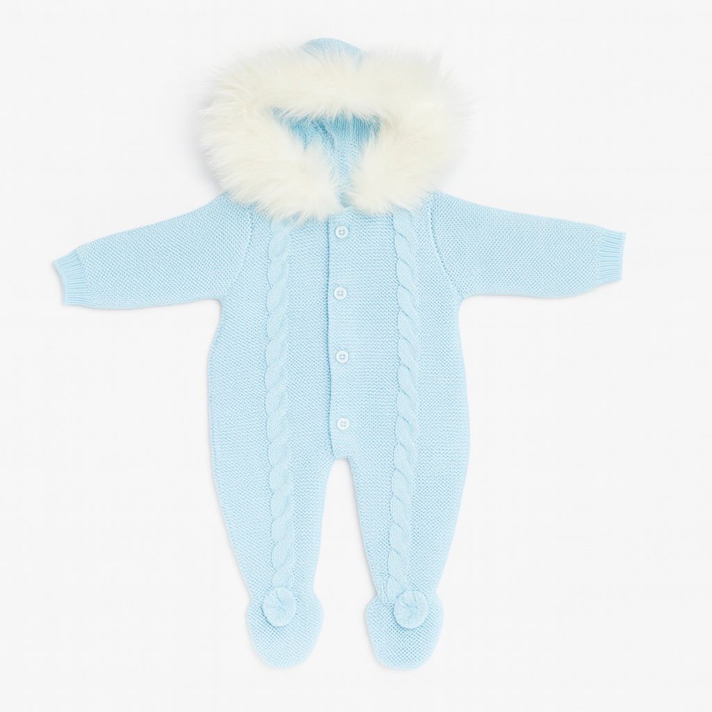Blue Knitted Pram Suit Fur Trim Hood