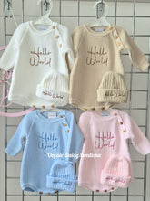 Load image into Gallery viewer, Hello World Knitted Romper &amp; Hat Set FREE KNITTED BOOTIES
