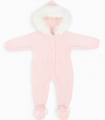 Pink Knitted Pram Suit Fur Trim Hood