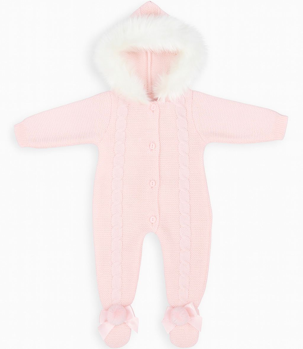 Pink Knitted Pram Suit Fur Trim Hood