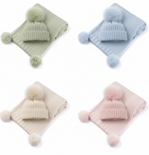 Load image into Gallery viewer, Luxury Knitted Pom Pom Baby Blanket &amp; Hat Set - Newborn &amp; Christening Gift