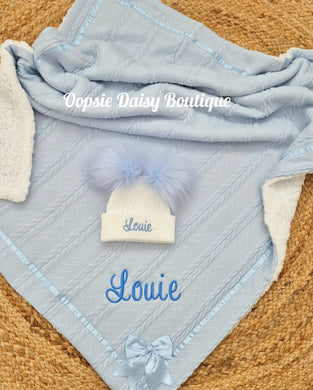 Personalised Blanket & Pom Pom Hat Set , Blue or Pink