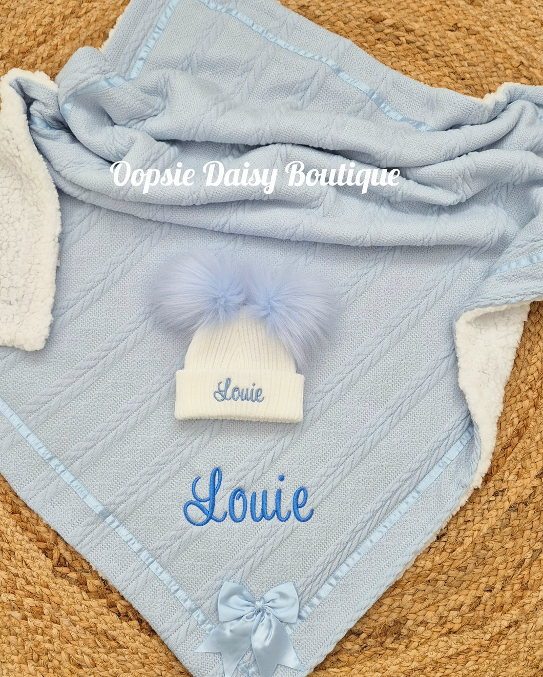 Personalised Blanket & Pom Pom Hat Set , Blue or Pink