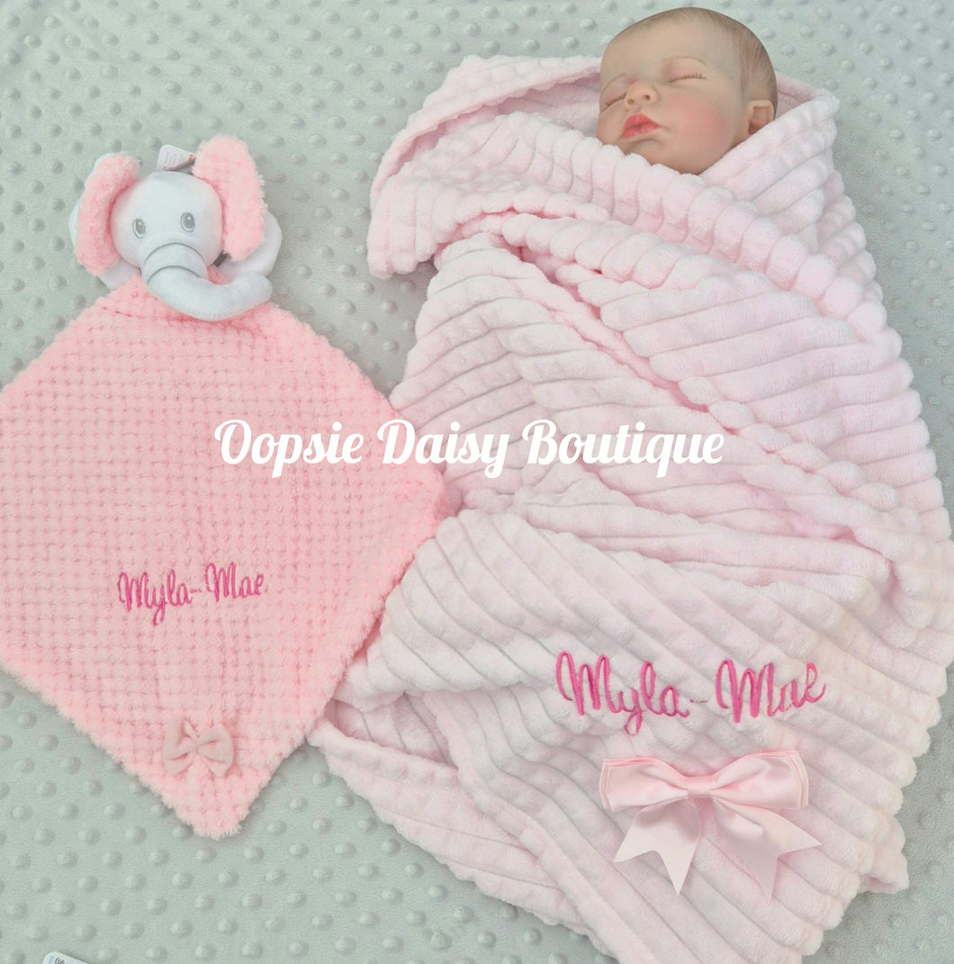 Personalised Pink Ribbon Blanket & Elephant Comforter