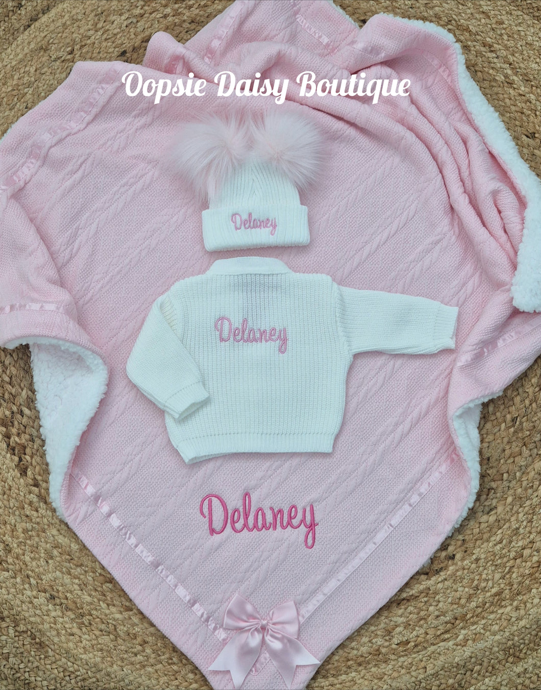 Personalised Blanket,Cardigan,Hat Set, Blue & Pink