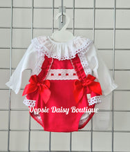 Load image into Gallery viewer, Girls Red Ribbon Romper &amp; Blouse Set