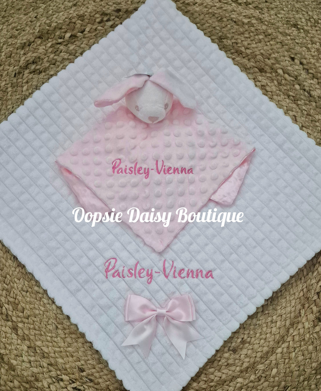 Personalised Pink Ribbon Blanket & Bunny Comforter set
